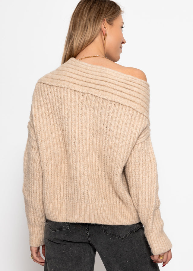 Schulterfreier Strickpullover - hellbeige