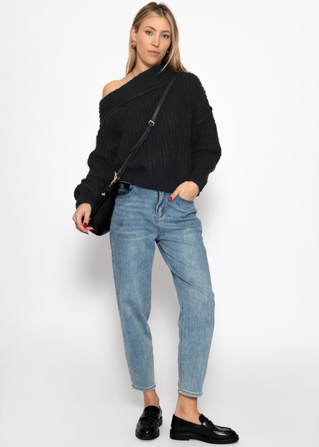 Schulterfreier Strickpullover - schwarz