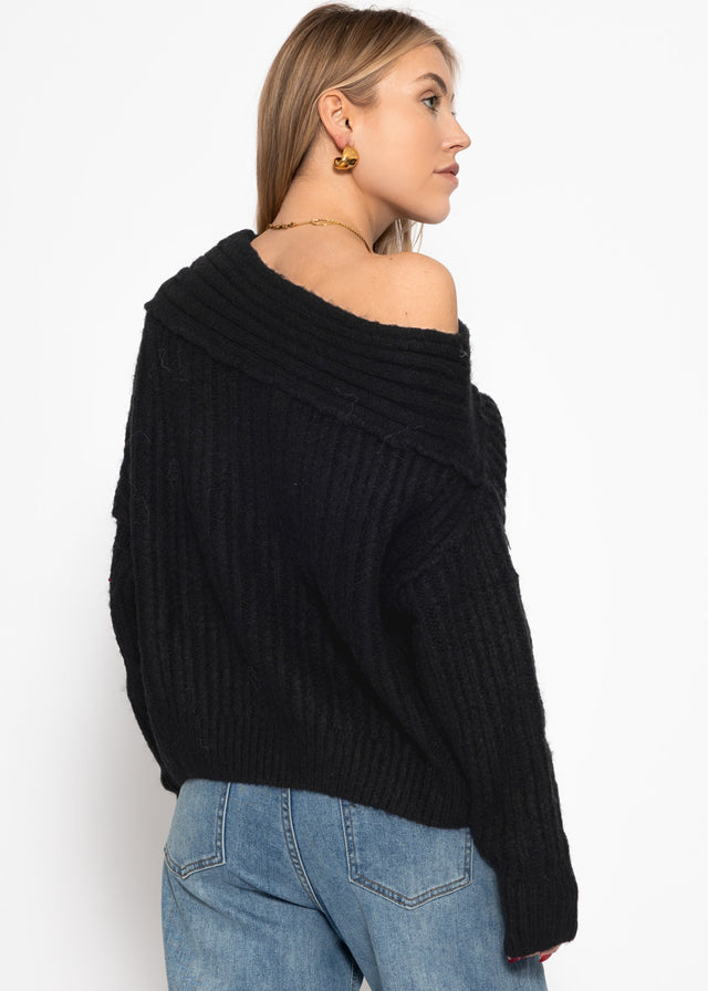 Schulterfreier Strickpullover - schwarz