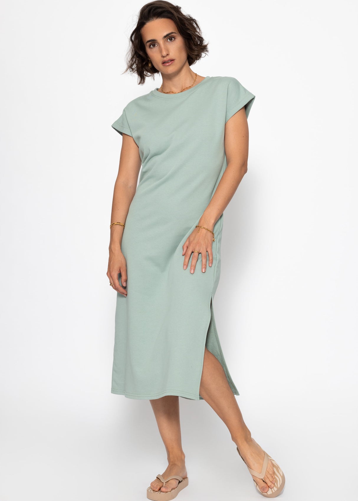 Heavy sweat dress with slot - sage green