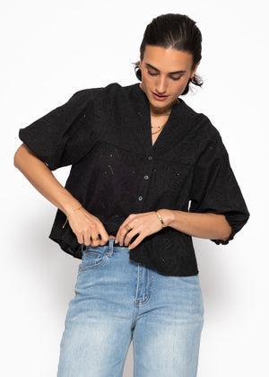 Spitzen Bluse mit kurzen Ballonärmeln - schwarz