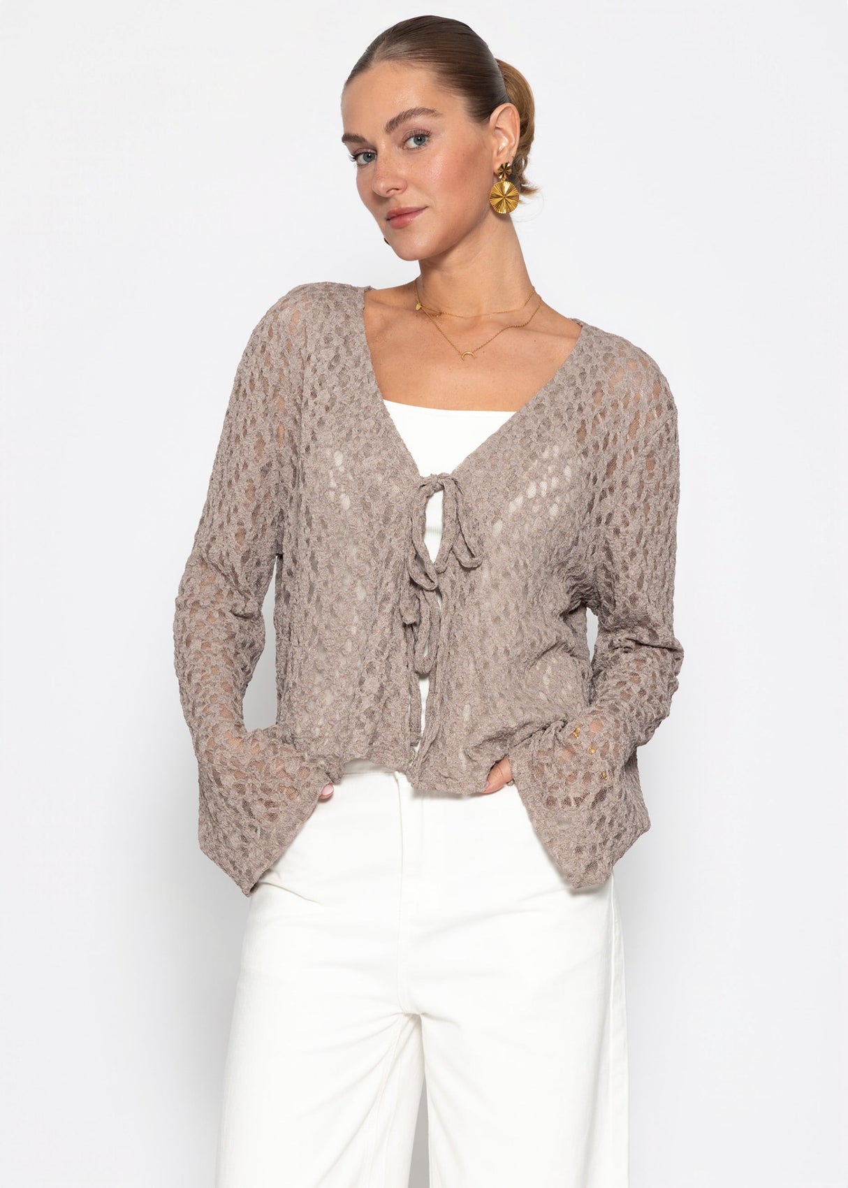 Spitzen Blusenjacke mit Bindebänder - taupe