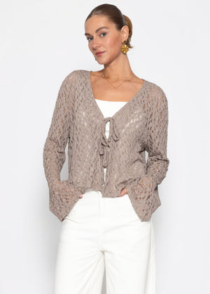 Spitzen Blusenjacke mit Bindebänder - taupe