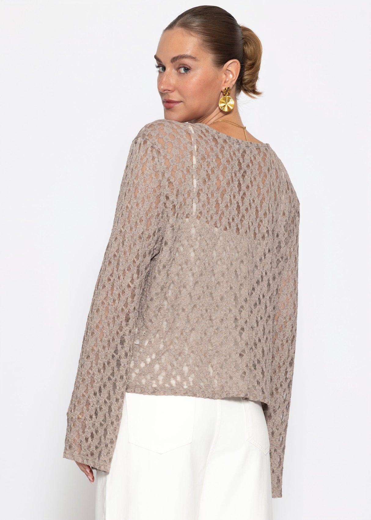 Spitzen Blusenjacke mit Bindebänder - taupe
