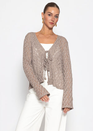 Spitzen Blusenjacke mit Bindebänder - taupe