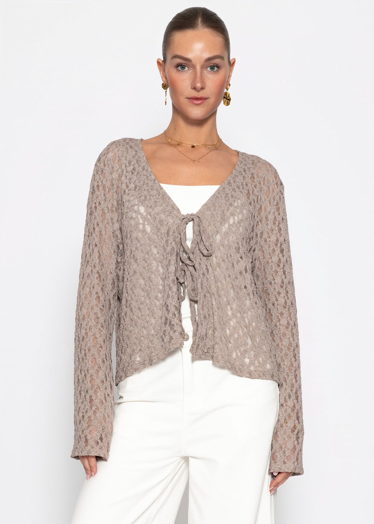 Spitzen Blusenjacke mit Bindebänder - taupe