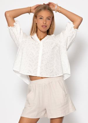 Spitzen Bluse mit kurzen Ballonärmeln - weiß