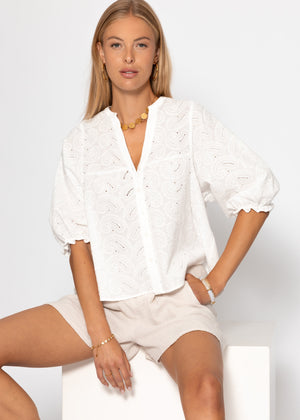 Spitzen Bluse mit kurzen Ballonärmeln - weiß