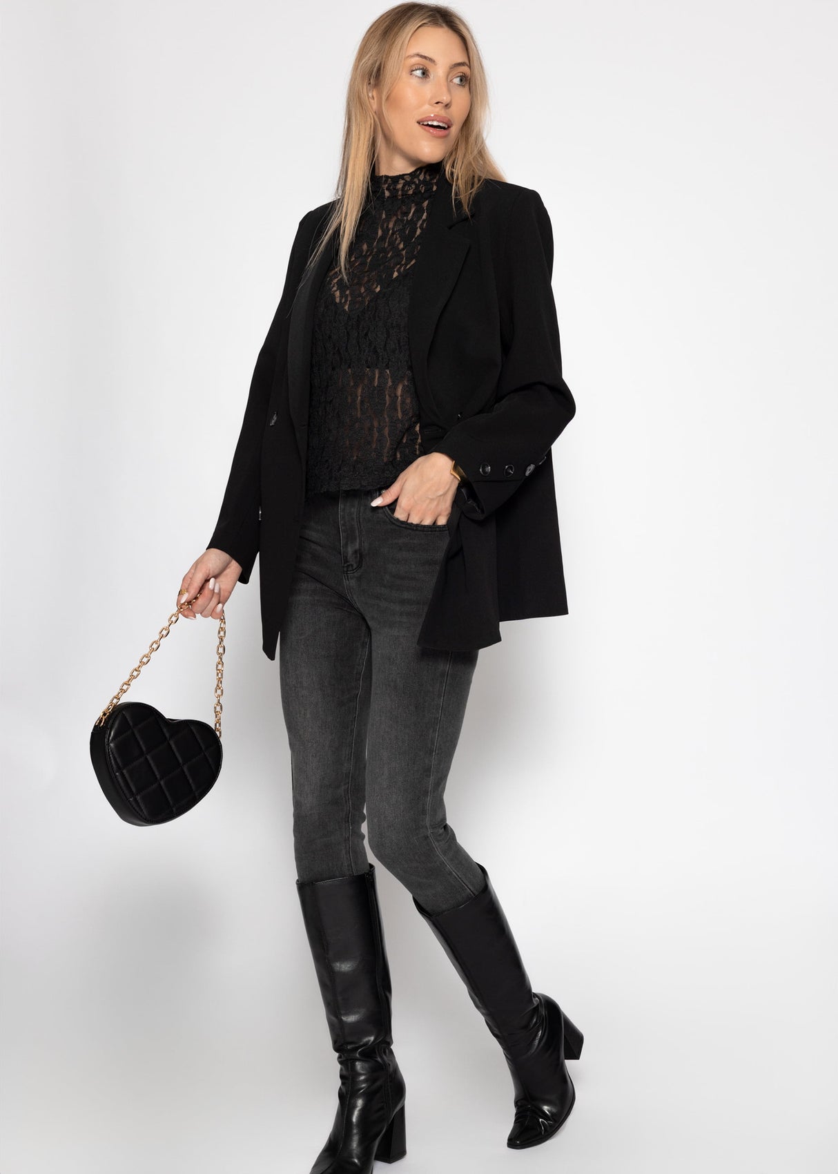 Lace top with stand-up collar - black
