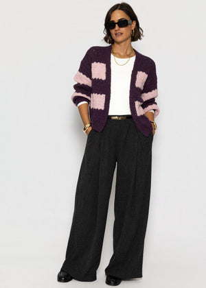 Strick-Cardigan mit breiten Blockstreifen - lila-rosa