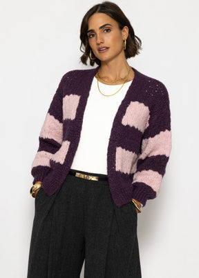 Strick-Cardigan mit breiten Blockstreifen - lila-rosa