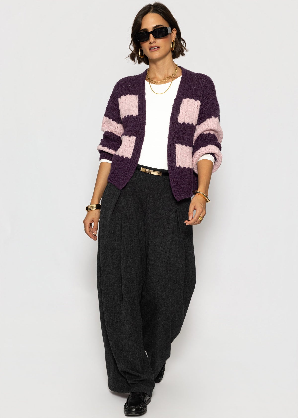 Strick-Cardigan mit breiten Blockstreifen - lila-rosa
