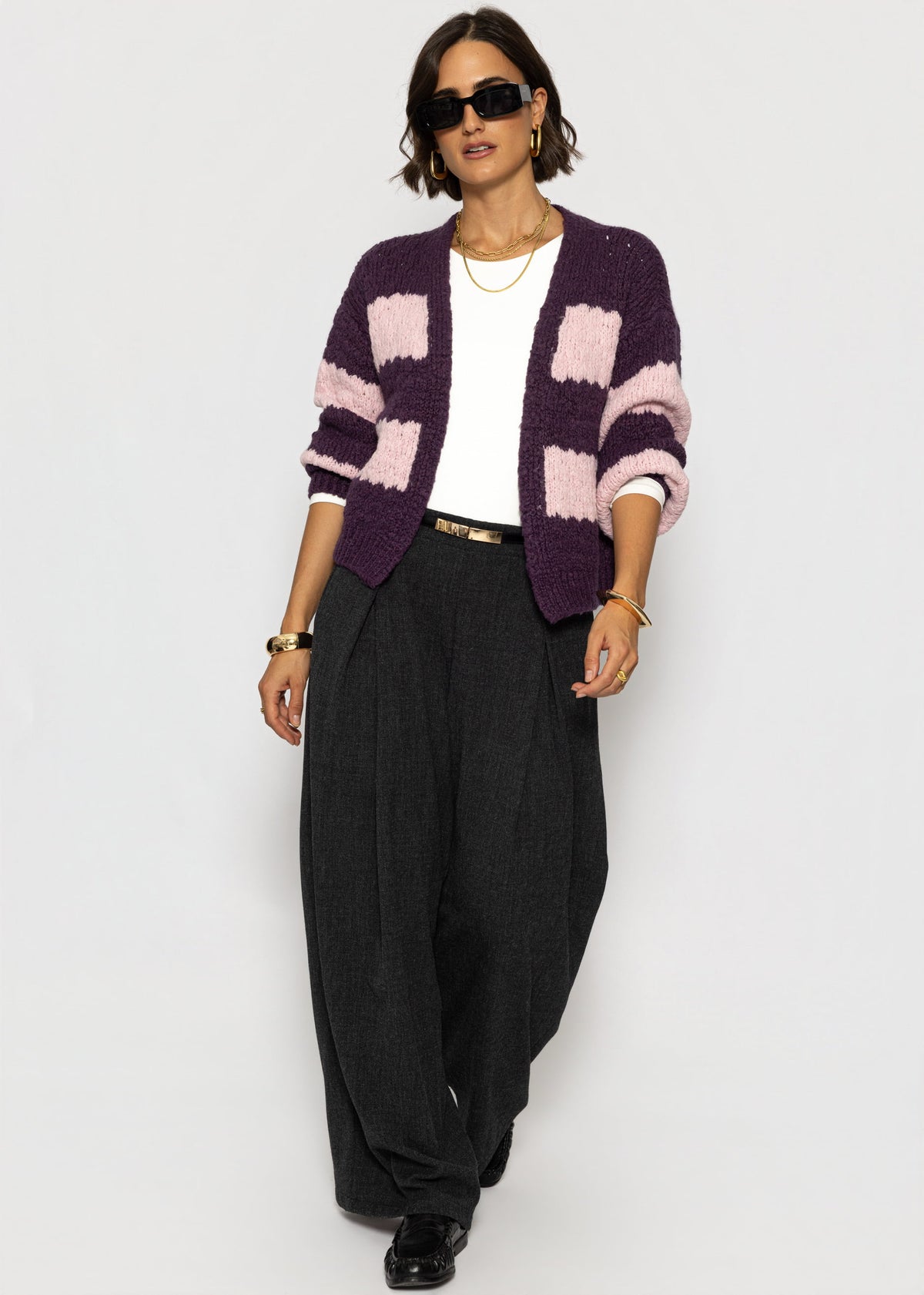 Strick-Cardigan mit breiten Blockstreifen - lila-rosa