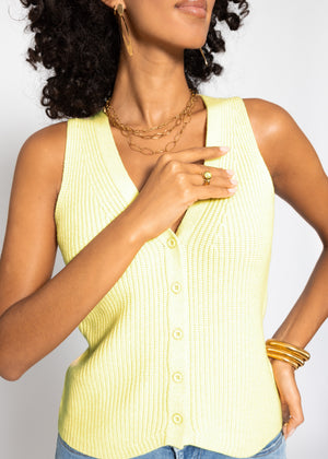 Knit top with button placket and deep V-neck - butter yellow