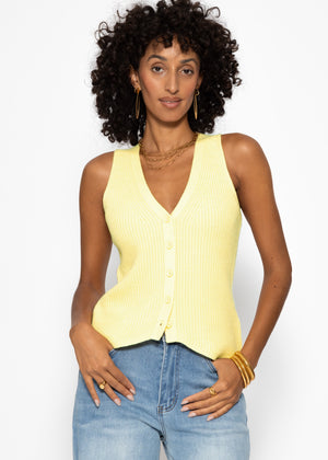 Knit top with button placket and deep V-neck - butter yellow