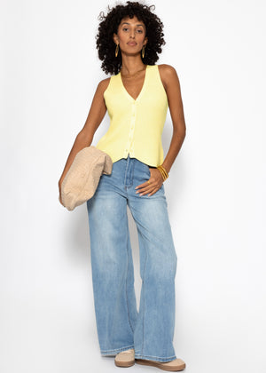 Knit top with button placket and deep V-neck - butter yellow
