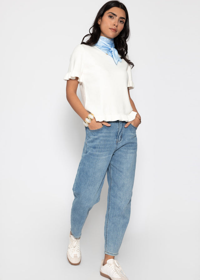 Short-sleeved jumper with flounces - off-white