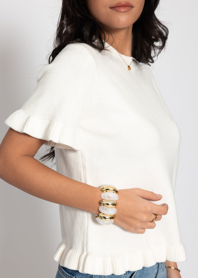 Short-sleeved jumper with flounces - off-white