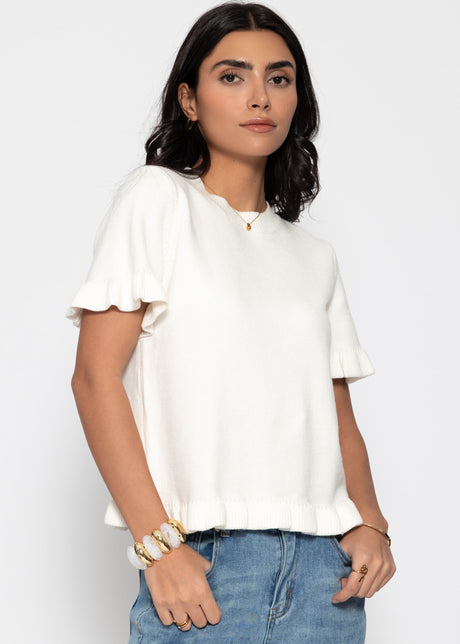 Short-sleeved jumper with flounces - off-white