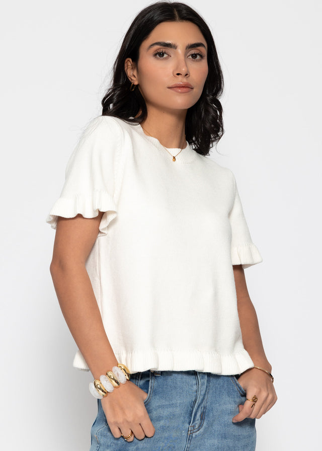 Short-sleeved jumper with flounces - off-white