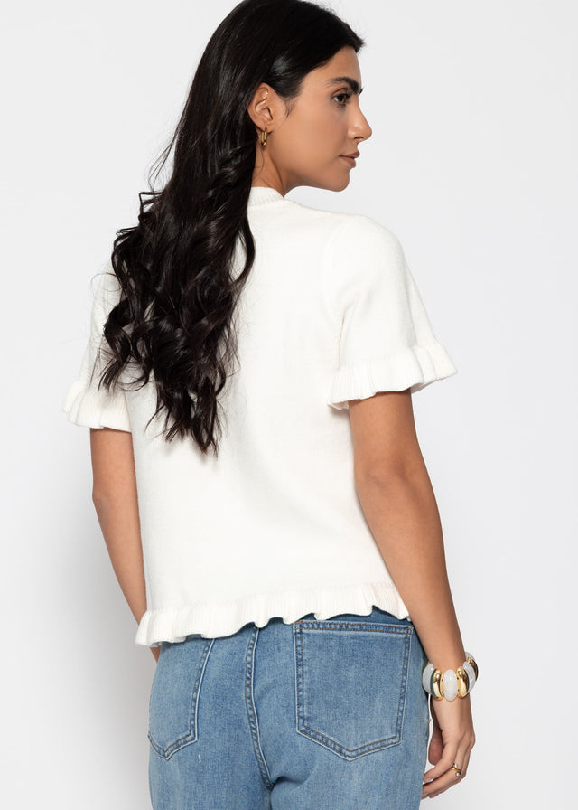 Short-sleeved jumper with flounces - off-white