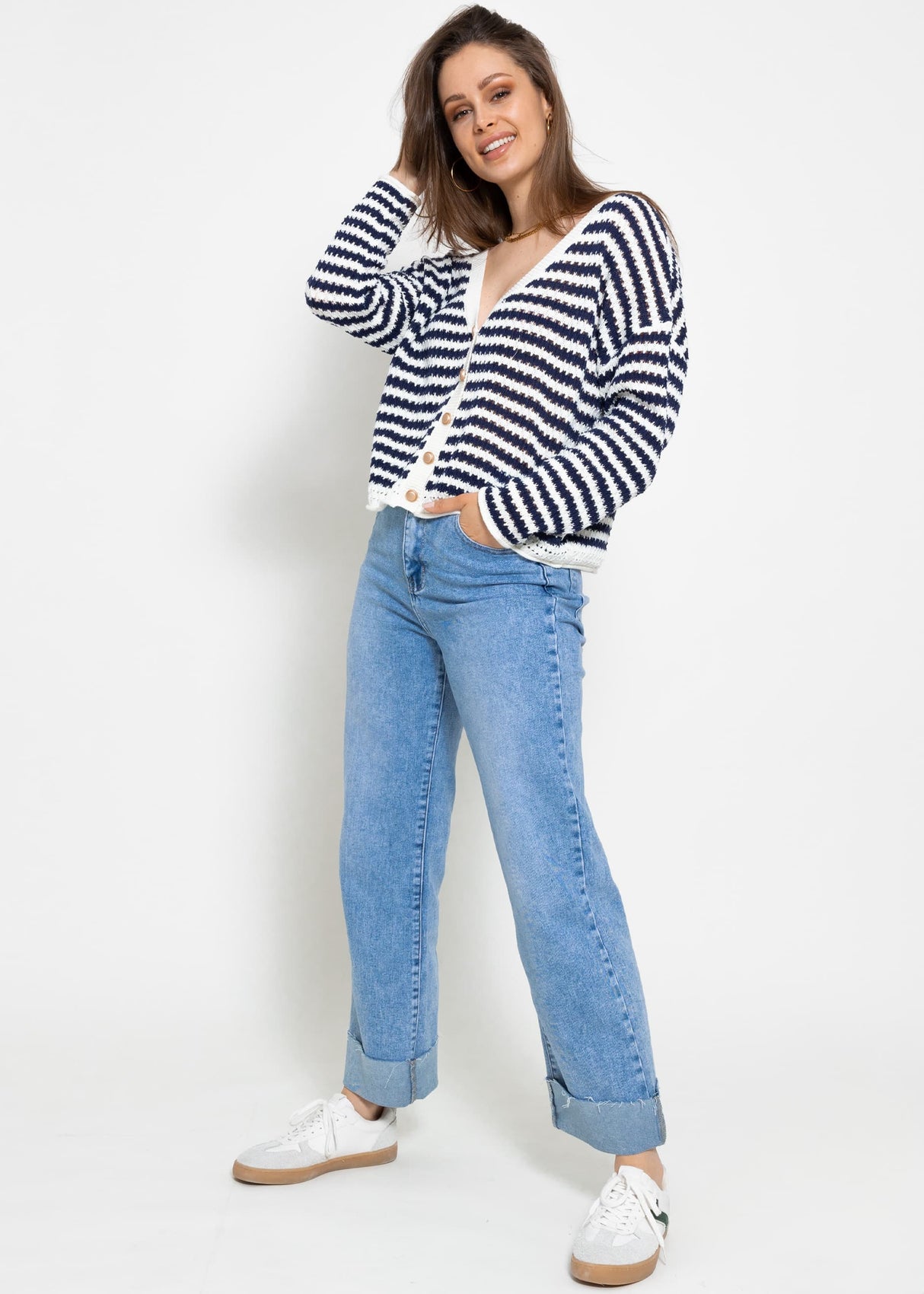 Strickjacke in Ajour-Strick - dunkelblau-weiß