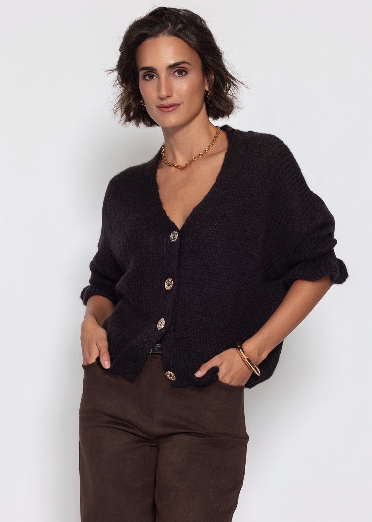 Strickjacke mit 3/4-Ärmeln - schwarz