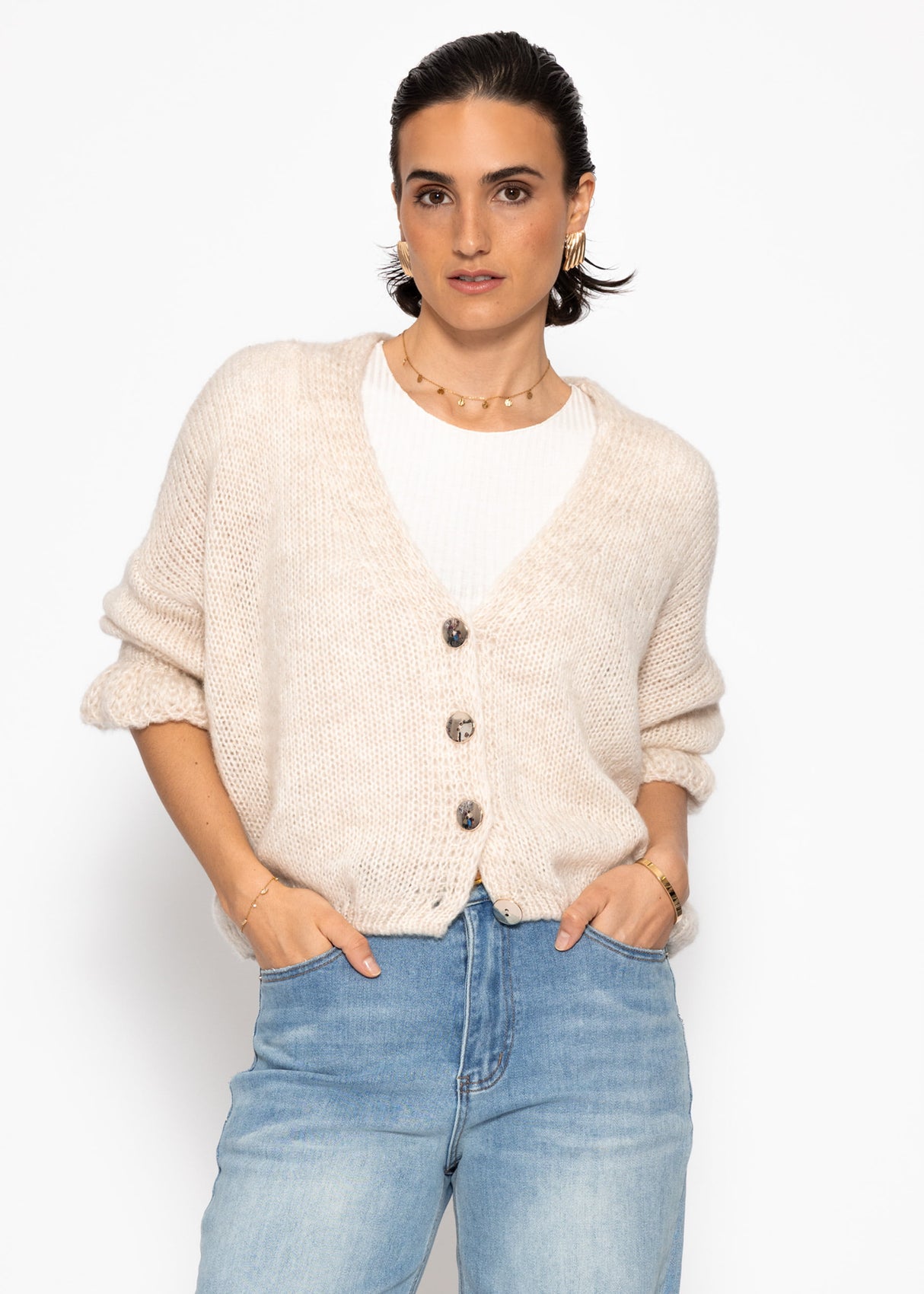 Strickjacke mit 3/4-Ärmeln - hellbeige