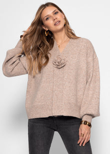 Strickjacke mit Blumenapplikation - taupe