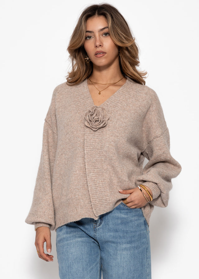 Cardigan with flower appliqué - taupe