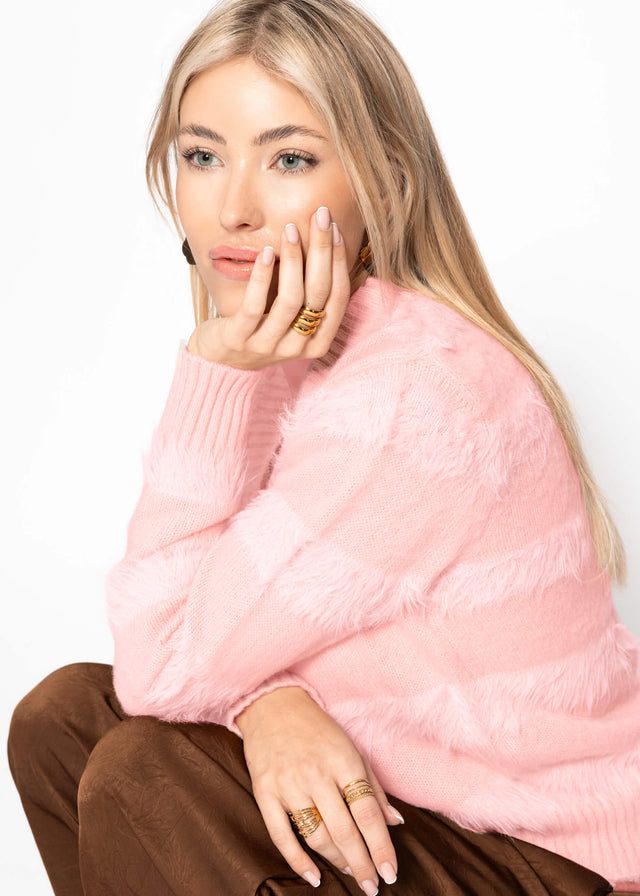 Strickjacke mit flauschigen Streifen - rosa