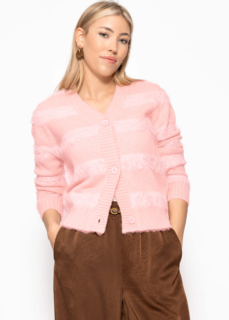Cardigan with fluffy stripes - rose