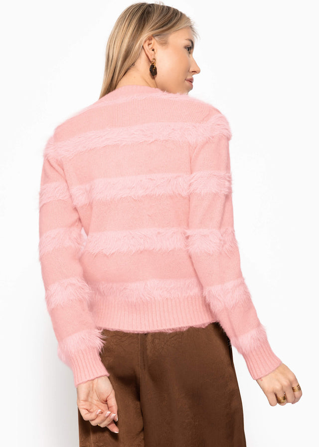Strickjacke mit flauschigen Streifen - rosa