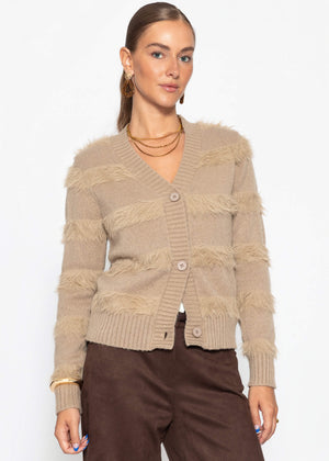 Cardigan with fluffy stripes - taupe