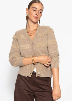 Cardigan with fluffy stripes - taupe