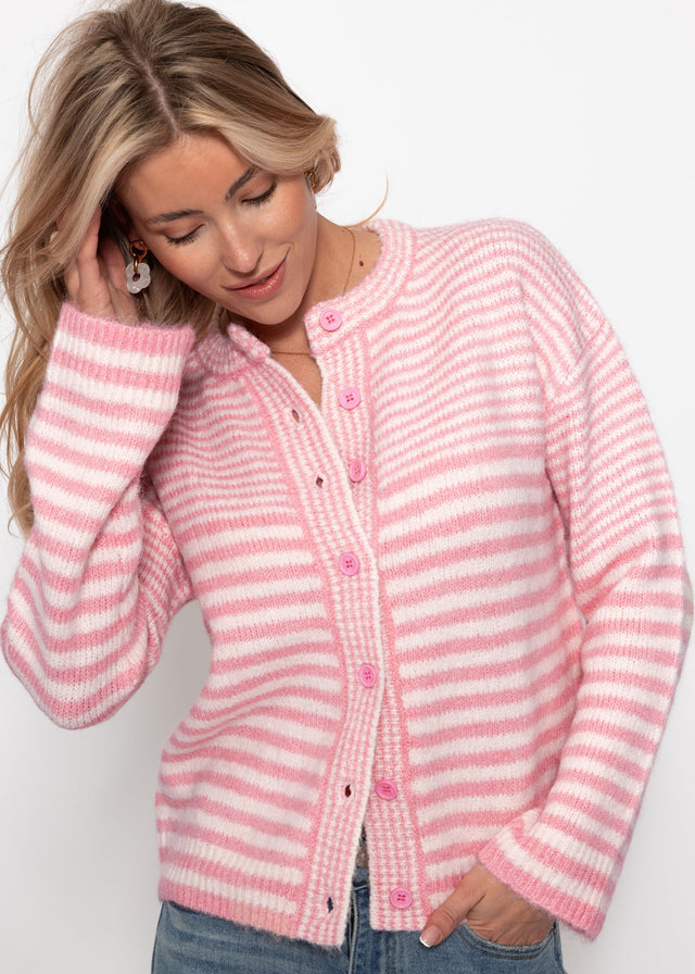 Strickjacke mit grafischem Streifenbild - rosa