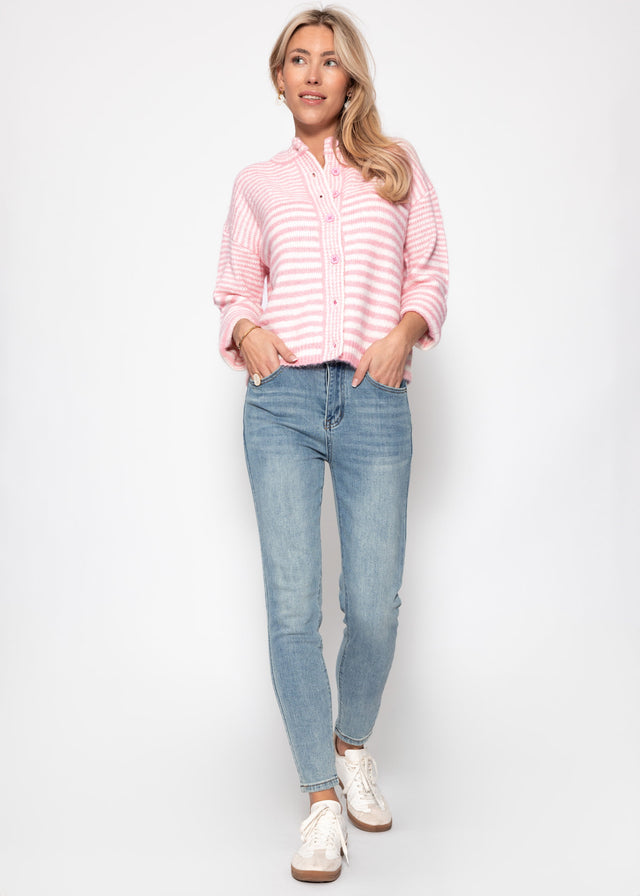 Strickjacke mit grafischem Streifenbild - rosa
