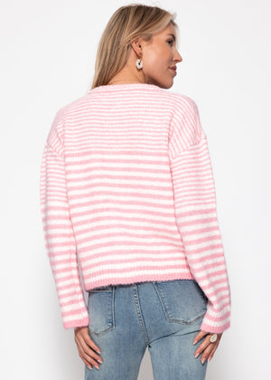 Strickjacke mit grafischem Streifenbild - rosa