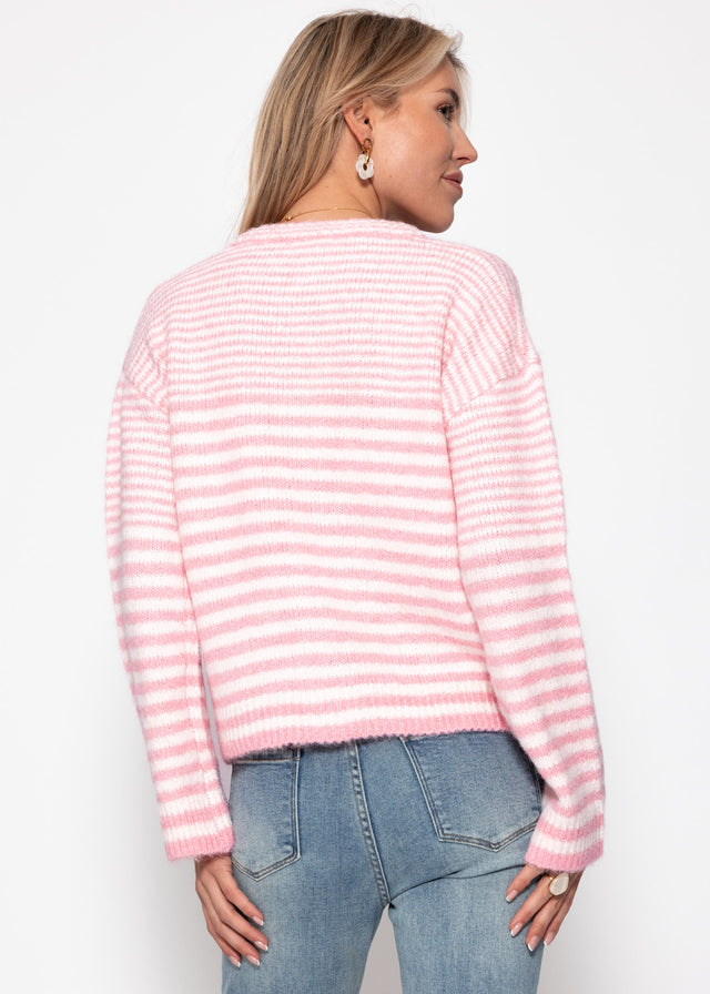 Strickjacke mit grafischem Streifenbild - rosa