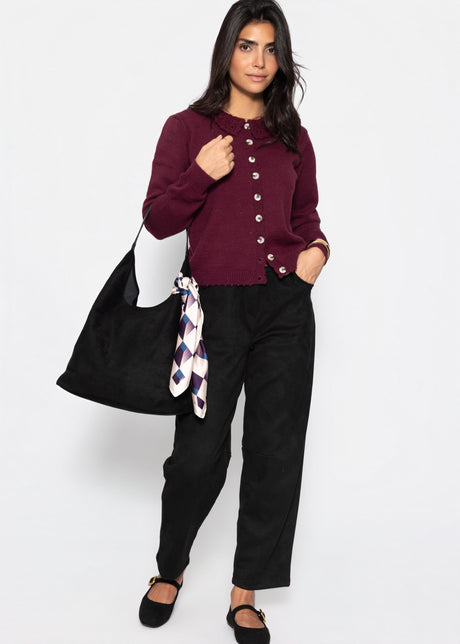 Strickjacke mit Häkelkragen - burgundy
