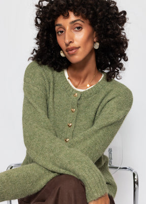 Strickjacke mit Herzknöpfen - khaki
