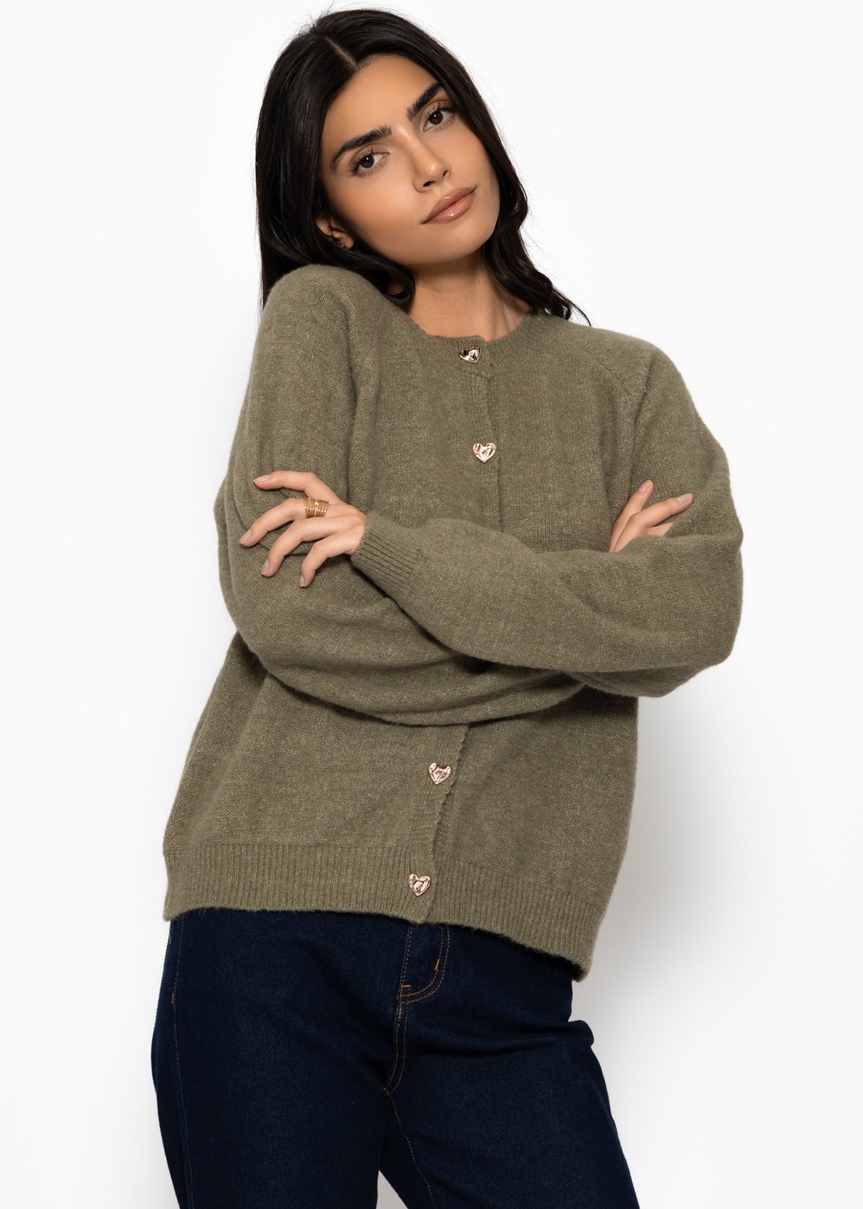 Strickjacke mit Herzknöpfen - khaki