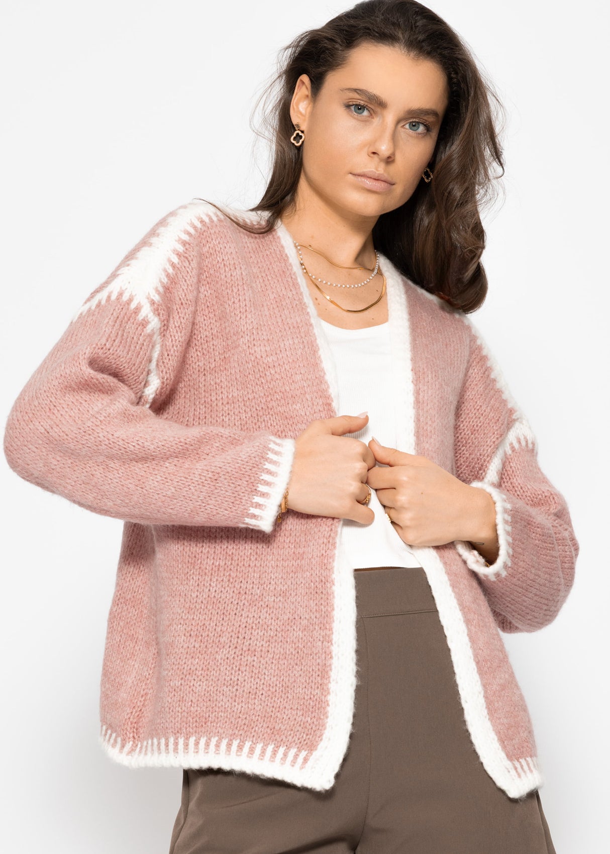 Strickjacke mit kontrastierenden Blenden - altrosa