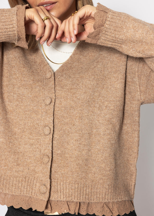 Strickjacke mit Lochstickerei - braun