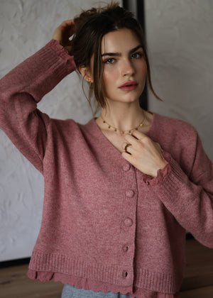 Strickjacke mit Lochstickerei - mauve