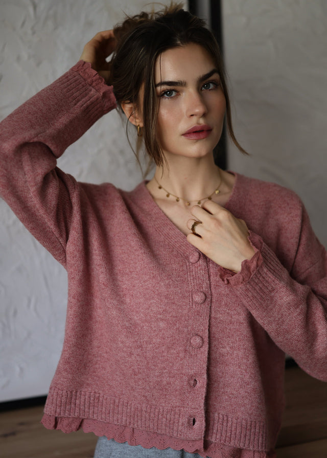 Strickjacke mit Lochstickerei - mauve