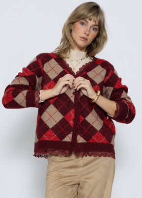 Strickjacke mit Rautenmuster und Spitzenborte - beere