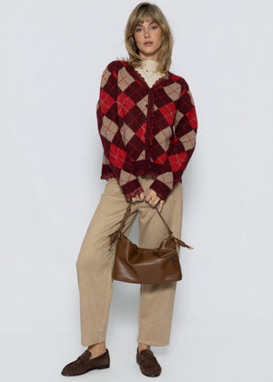 Strickjacke mit Rautenmuster und Spitzenborte - beere