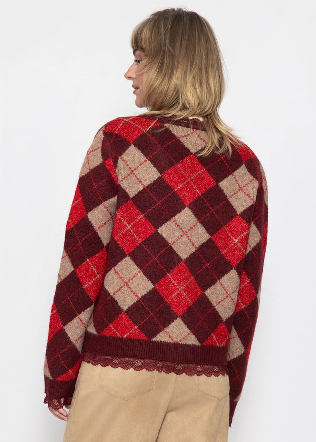 Strickjacke mit Rautenmuster und Spitzenborte - burgundy