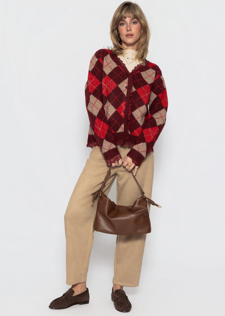 Strickjacke mit Rautenmuster und Spitzenborte - burgundy